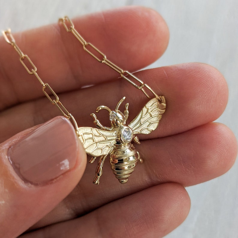 Floating Diamond Bee Necklace Solid Gold Bee Pendant. 14k Etsy