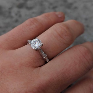 Vintage Style Milgrain Navette Engagement Ring Etta Available in Moissanite and Diamond. 14k Gold, Platinum image 7