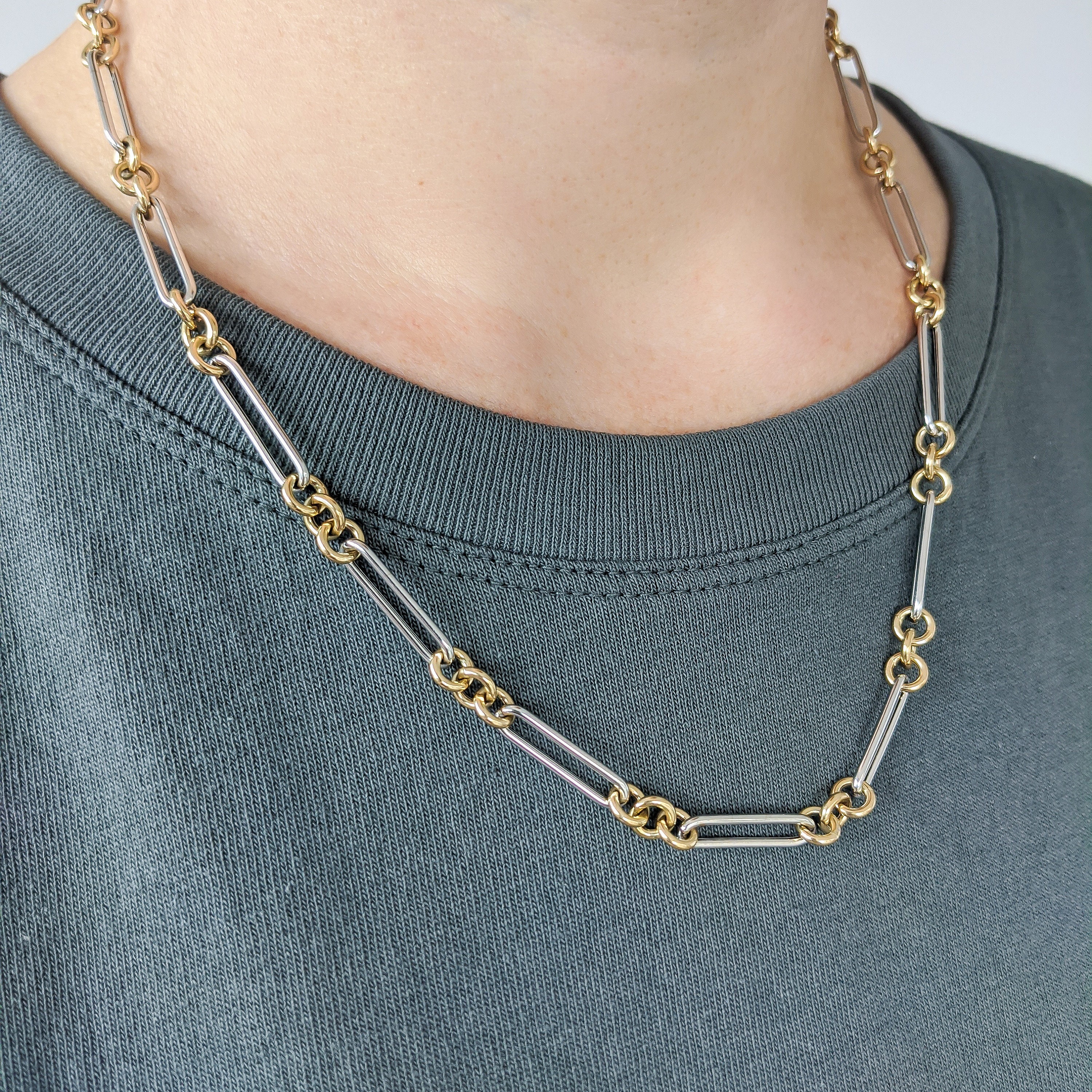 Two Tone Paperclip Link Chain Necklace 14K Yellow Gold 14K White Gold. Alternating 1 Paperclip Link 3 Round Links
