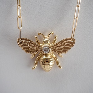 Floating Diamond Bee Necklace Solid Gold Bee Pendant. 14k, 18k Yellow, Rose, White Gold and Platinum. image 6