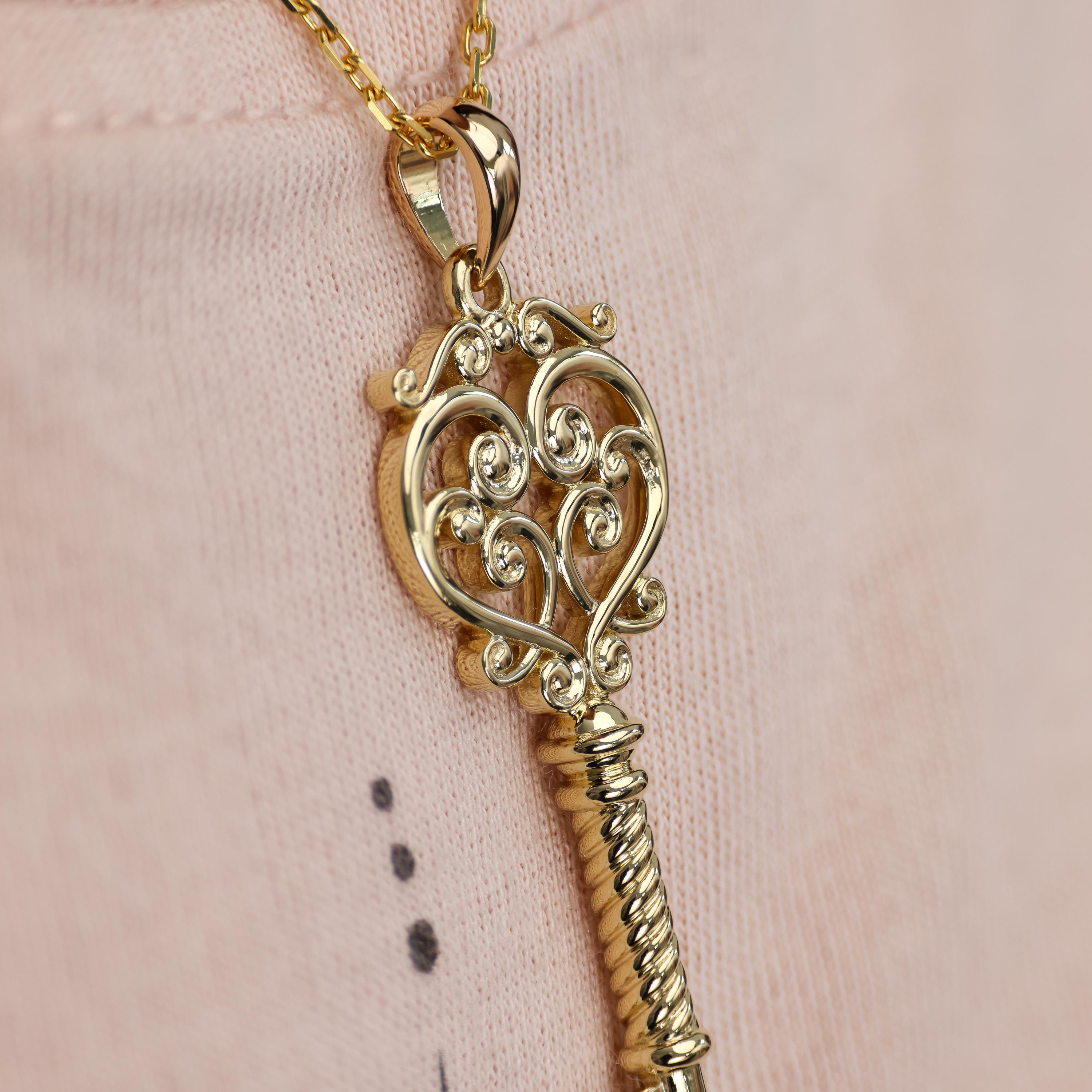 Heart Scroll Key Pendant by Sevgi Jewelry • Available in 14k, 18k, 22k Solid Gold and Platinum • Fully Customizable • Scrollwork Pendant