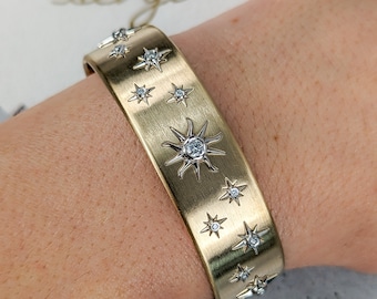 Diamond Starburst Cuff Bracelet: Dani - Two-toned Solid Gold Personalized Custom Cuff Bracelet. Intricate Hand Engraving. Made in USA