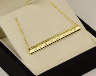 Bar Necklace - 14k, 18k Gold or Platinum. Personalized Jewelry. Roman Numeral, Text, Date, Coordinates. Back Engraving