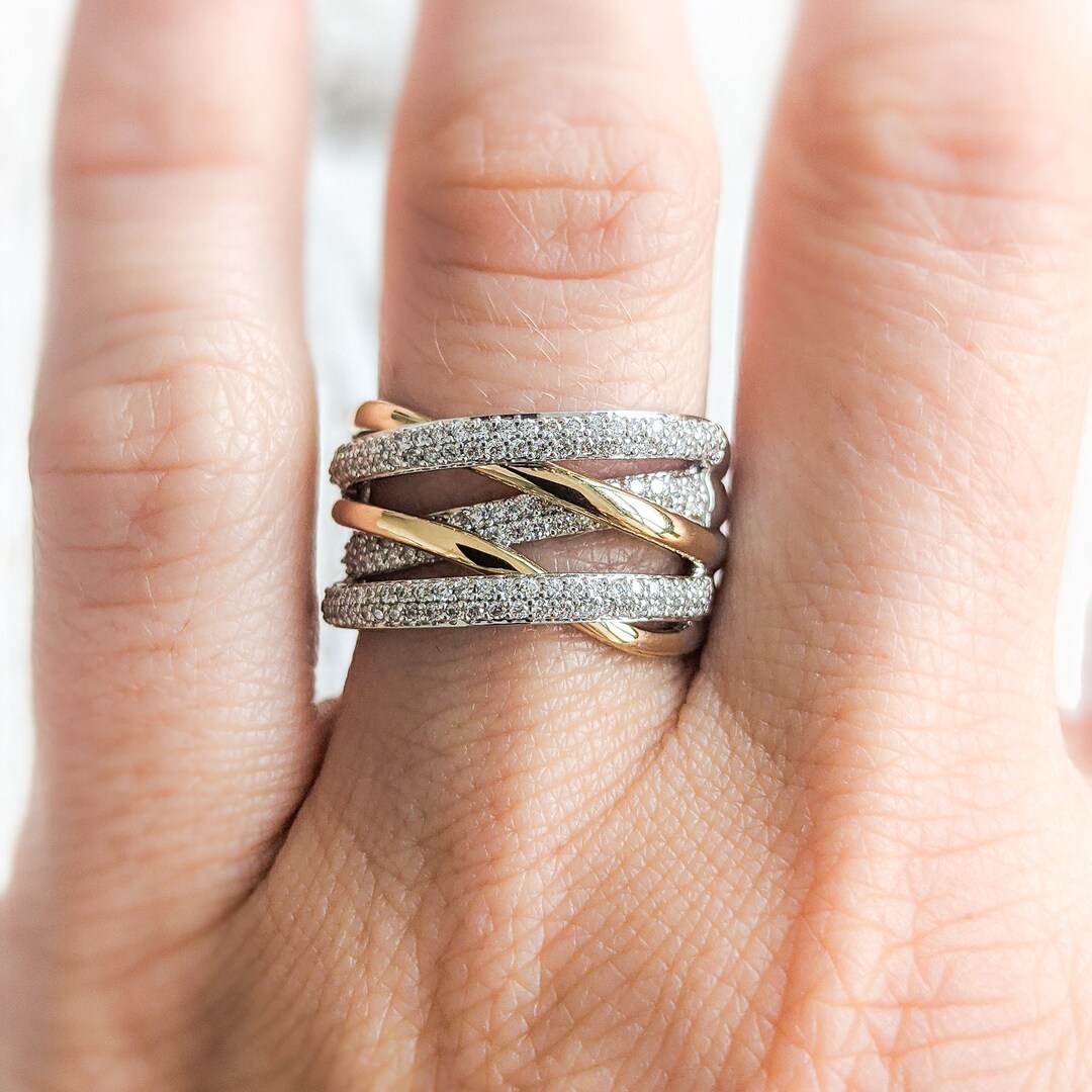 Two Tone Diamond Crossover Ring 14k 18k Yellow Rose White Gold or Platinum. Made to Order in NYC. Fully Customizable Etsy UK