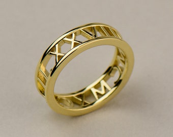 Custom Yellow Gold Roman Numeral Ring - 14k, 18k Yellow Gold. Personalized Jewelry. Custom Name, Date, Symbol, Number