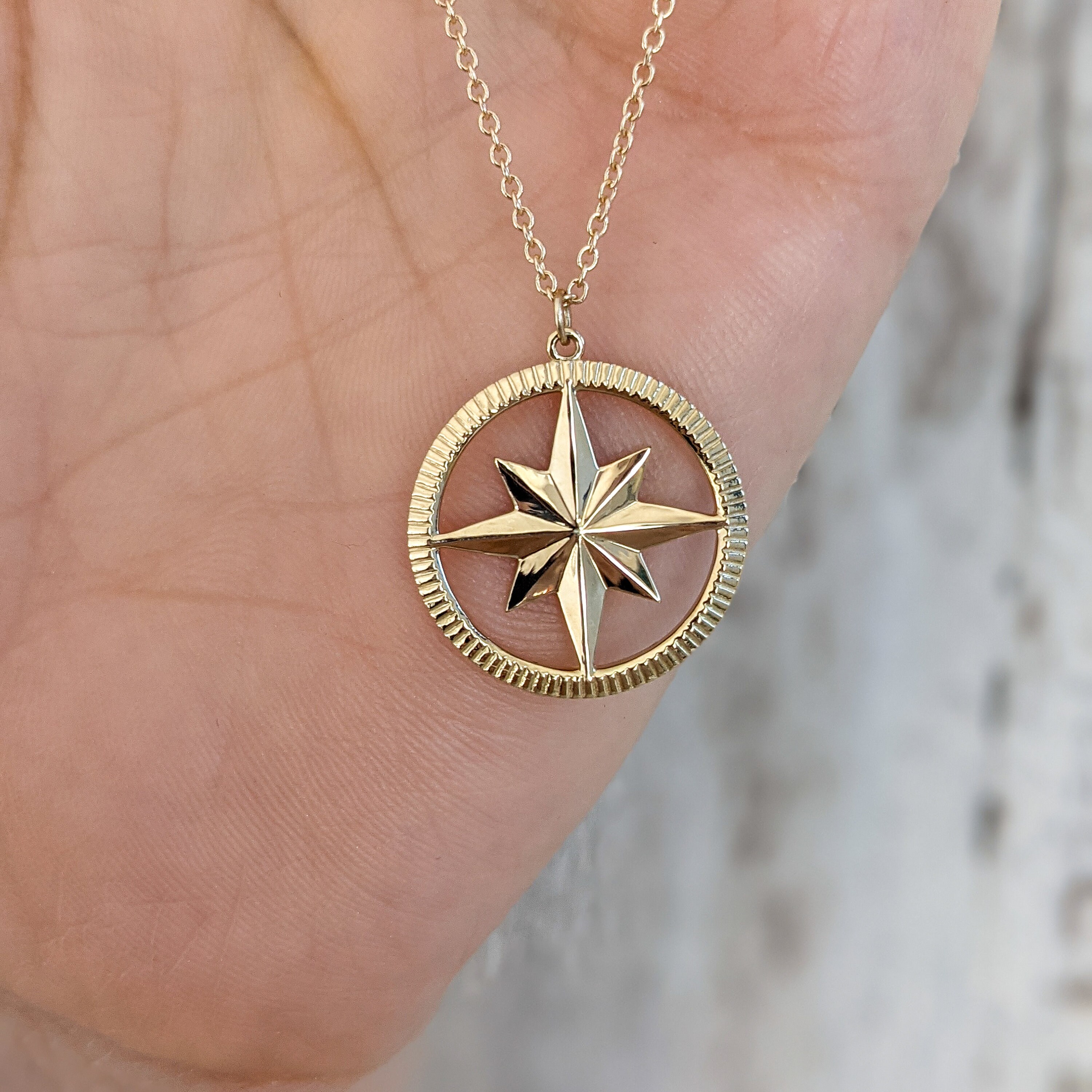Solid Gold Compass Starburst Necklace 14k 18k Yellow Rose White