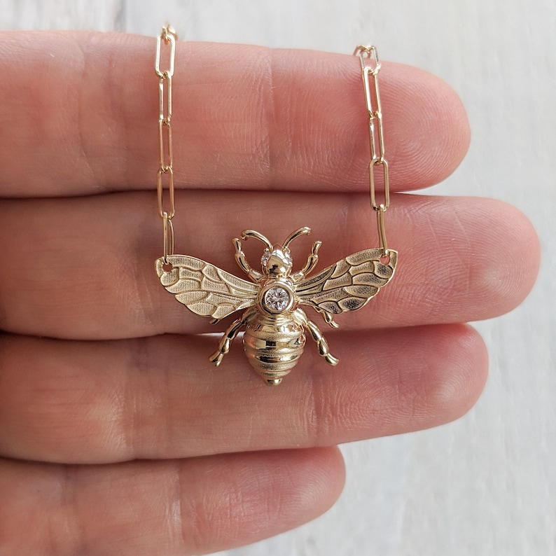 Floating Diamond Bee Necklace Solid Gold Bee Pendant. 14k, 18k Yellow, Rose, White Gold and Platinum. image 8