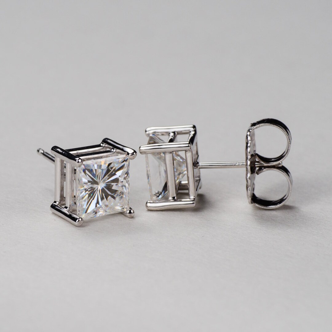 thumbnail image 2 of 14K White Gold 0.33ct Princess Cut Moissanite Stud Earrings – Screw Back, VVS1, D Color 2 of 3