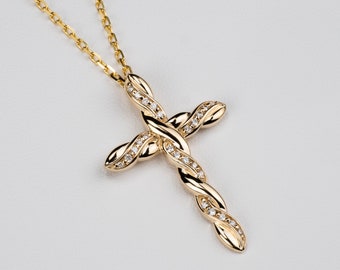 Diamond cross necklace on a diamond cut cable chain - Available in 14k, 18k and Platinum