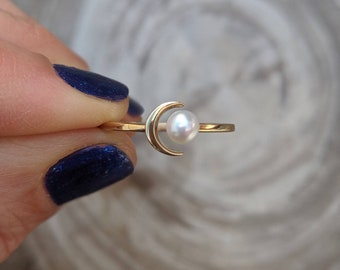 Celestial Ring - Crescent Moon and Pearl Open Ring. 14k, 18k Yellow, Rose, White Gold or Platinum
