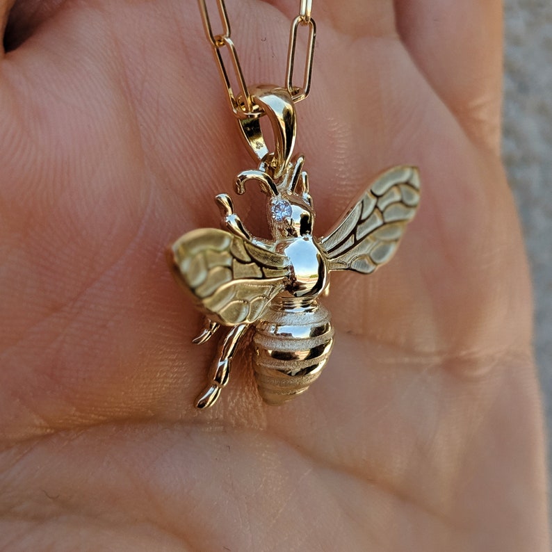 Diamond Bee Necklace Solid Gold Bee Pendant. 14k, 18k Yellow, Rose, White Gold and Platinum. Diamond or Gemstone Eyes image 7