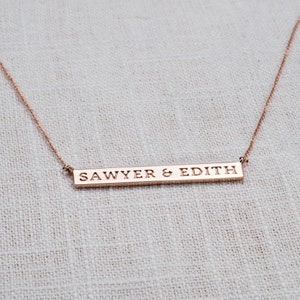Personalized Bar Necklace 14k, 18k Yellow, Rose, White Gold & Platinum. Custom Text, Roman Numerals, Symbols, Date image 2