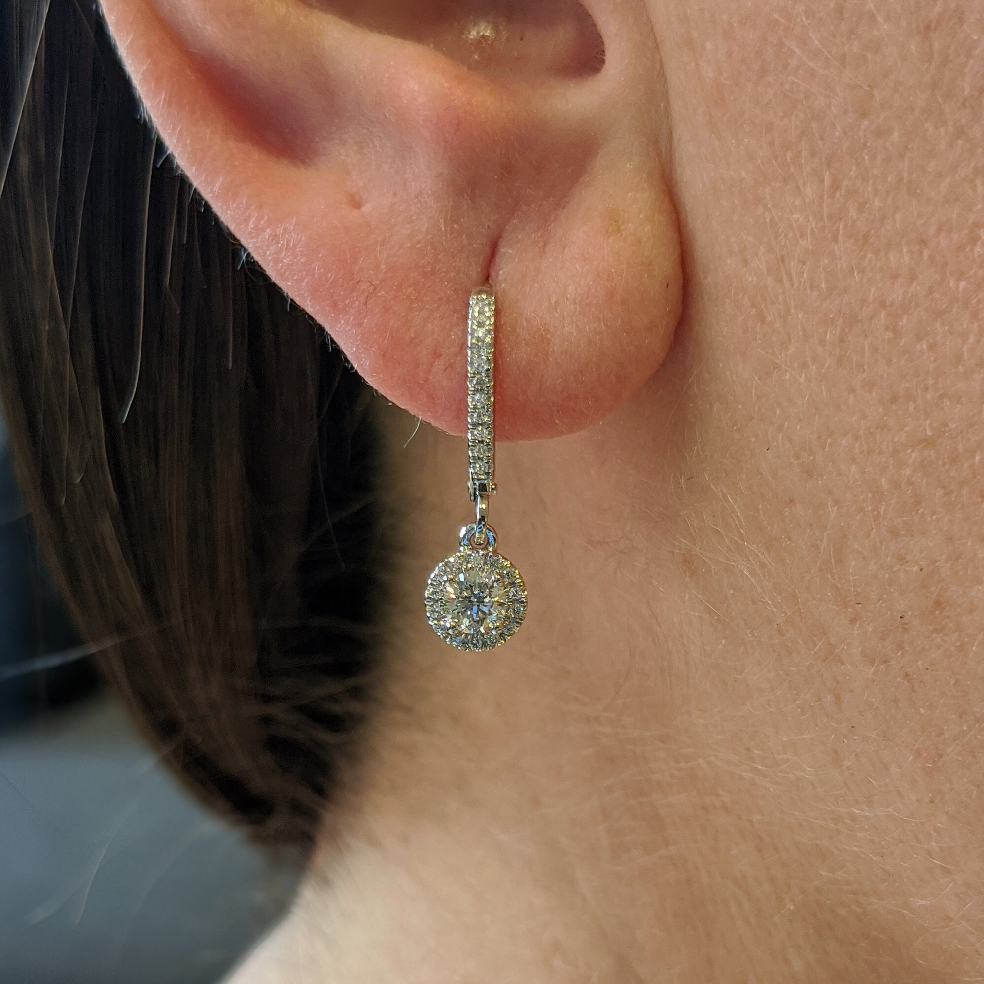 Diamond Halo Lever Back Drop Earrings - 14k, 18k Yellow