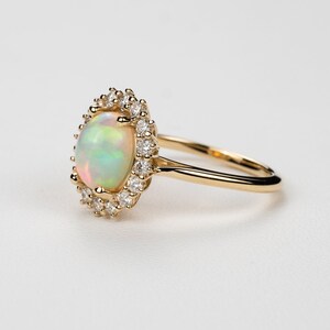 Vintage Style Oval Opal Diamond Halo Engagement Ring 14k, 18k Yellow, Rose, White Gold or Platinum. Custom Fine Jewelry image 2