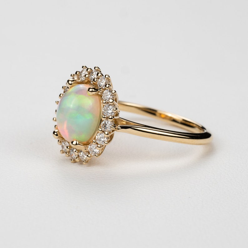 Vintage Style Oval Opal Diamond Halo Engagement Ring 14k, 18k Yellow, Rose, White Gold or Platinum. Custom Fine Jewelry image 2