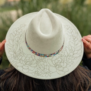 Hand Burned Wide Brim Hat- Sage Succulents fedora