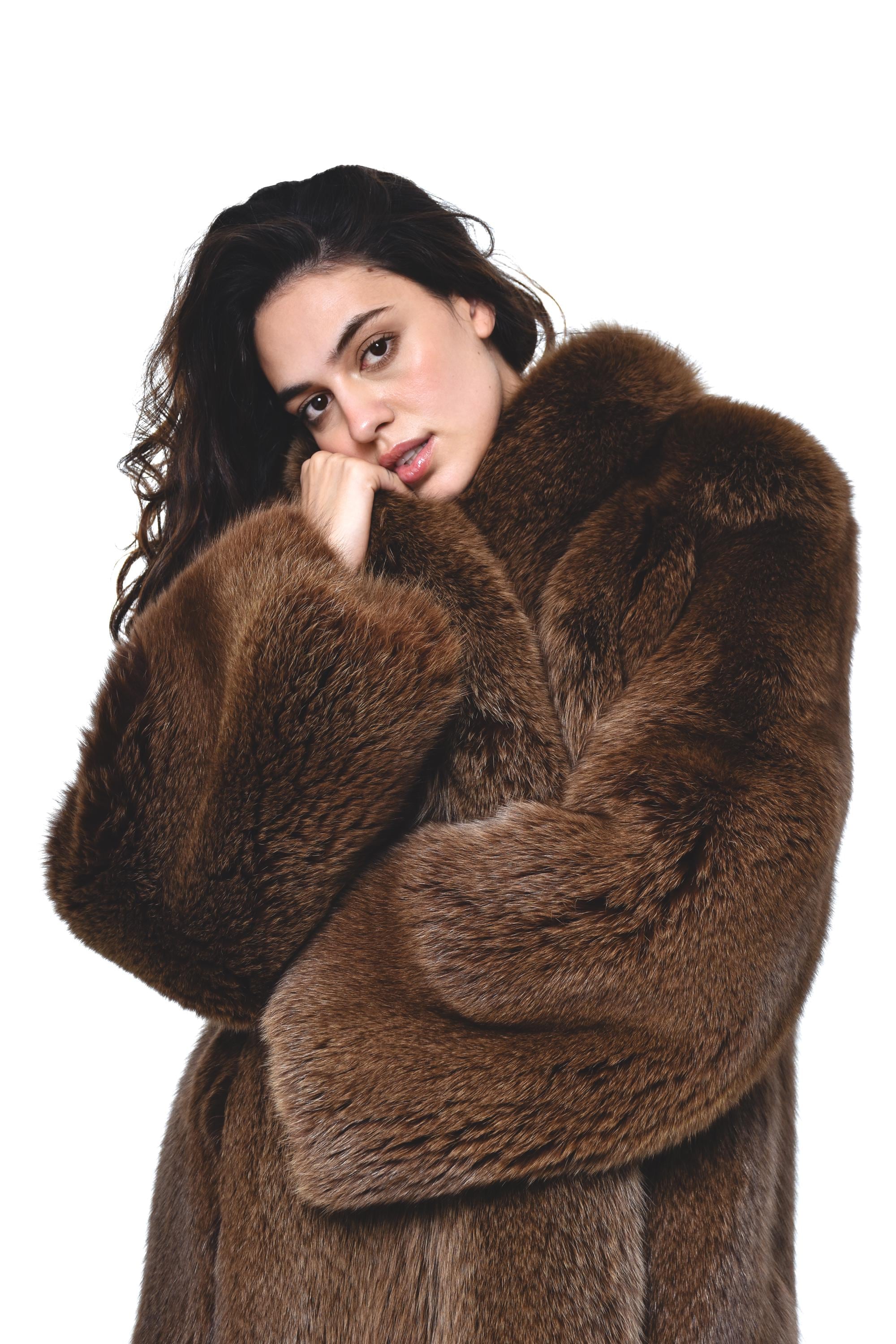 新品未使用タグ付Ameri Vintage FUR BLOUSON ブラウン Brown Sculpted Beaver Fur Jacket Fox Fur Collar and Cuffs