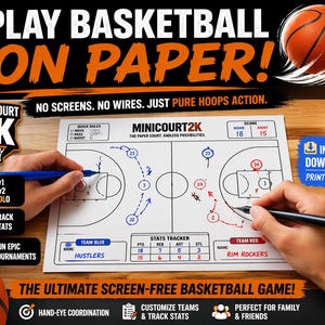 MiniCourt2k Basketball Paper Game | Printable Sports Game | 1v1 2v2 Solo Game | No Screen Family Fun Night | B-ball Gift