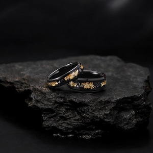 Black Tungsten Ring with Gold Leaf & Meteorite Inlay, 6mm/8mm Wedding Band for Men and Women, Comfort Fit, Unique Space-Inspired Gift