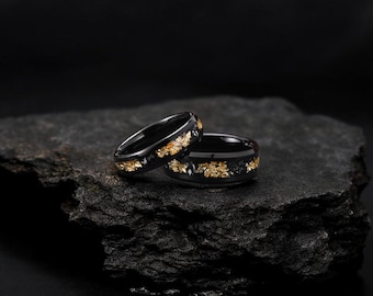 Anillo de tungsteno negro con incrustaciones de meteorito y pan de oro - Alianza de boda de ajuste cómodo
