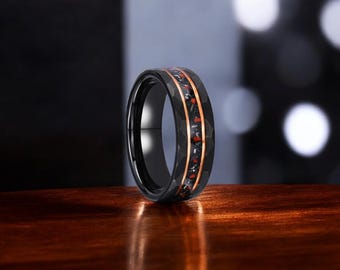 Anillo de tungsteno negro: alianza de bodas con incrustaciones de cobre y meteorito facetado