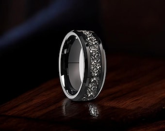 Anillo de tungsteno negro: incrustación de meteorito de plata triturada, ajuste cómodo