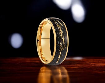 Anillo de tungsteno dorado con incrustación de lámina: alianza de boda de ajuste cómodo
