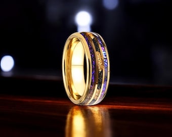 Anillo de carburo de tungsteno dorado: incrustación de arenisca con cielo estrellado, ajuste cómodo