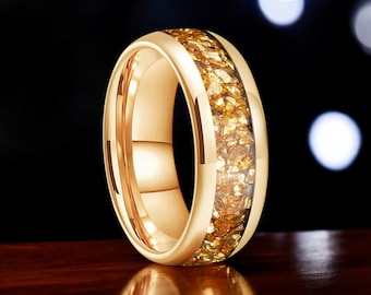 Anillo de tungsteno de 8 mm con incrustaciones de cristal dorado – Alianza de boda unisex de ajuste cómodo