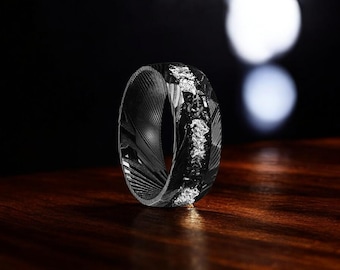 Anillo de acero de Damasco negro con lámina de plata - Alianza de boda para hombre de 8 mm