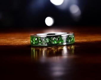 Anillo de tungsteno y plata con incrustaciones de esmeralda - Alianza de boda para mujer de 6 mm