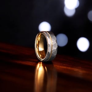 8mm Hammered Tungsten Wedding Ring, Brushed Silver Band with Rose Gold Strip, Men&#39;s Engagement Ring, Comfort Fit Tungsten Carbide Band
