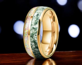 Anillo de tungsteno de ágata musgosa y ópalo blanco de 8 mm, una pieza única para bodas y aniversarios.