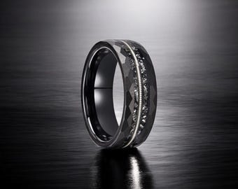 Black Hammered Tungsten Ring: Meteorite & Guitar String Inlay, 8mm Wedding Band