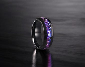 Anillo de carburo de tungsteno con nebulosa de amatista: alianza de boda de galaxia