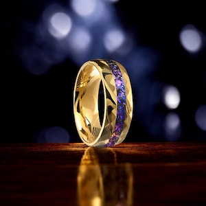 8mm Gold Tungsten Ring with Purple Crushed Opal Inlay, Men&#39;s Wedding Band, Galaxy Style Engagement Ring, Unique Anniversary Gift