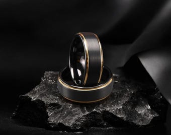 Anillo de tungsteno cepillado negro con bordes dorados: alianza vintage unisex