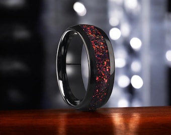 Anillo de tungsteno negro con incrustaciones de ópalo rojo triturado, alianza de boda con diseño galáctico.