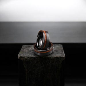 8mm Brushed Black Tungsten Ring with Wood Inlay, Men&#39;s Wedding Band, Comfort Fit Anniversary Gift, Rustic Style Durable Jewelry