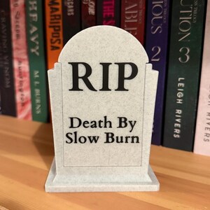 May include: A light gray tombstone with the letters "RIP" in black, and the phrase "Death By Slow Burn" below. The tombstone is set against a backdrop of colorful book spines.