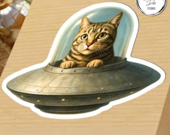 UFO Cat Sticker: Funny Alien Kitty Decal - Waterproof Vinyl
