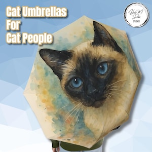 Siamese Cat Watercolor Umbrella - Foldable Semi-Automatic, Waterproof 8-Rib - Artistic Cat Lover Gift, Compact Travel Parasol Cat Lover Gift