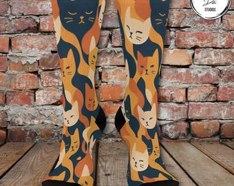 Abstract Cat Crew Socks: Modern Art Print, Cozy Gift