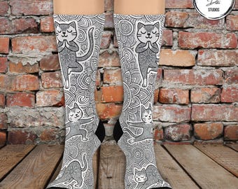 Yoga Cat Crew Socks: Cushioned Mindfulness Apparel, Cat Lover Gift