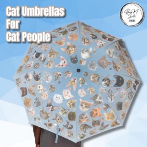 It&#39;s Raining Cats Umbrella - 121 Real Cat Faces! Funny Cat Lover Gift, Cat Breed Rain Gear, Cat Mom Accessory, Unique Cat Umbrella, Blue