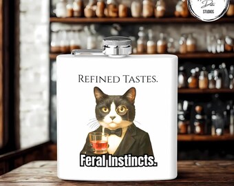 Funny Tuxedo Cat Flask: Refined Tastes, Feral Instincts - Gift for Cat Lovers