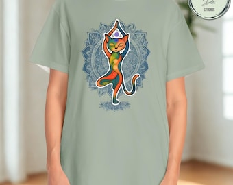 Yoga Cat Third Eye Chakra T-Shirt: Spiritual Mandala Design