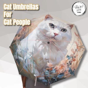 Turkish Angora Cat Umbrella | White Longhair Cat Lover Gift | Romantic Meadow Folding Umbrella | Waterproof Cat Rain Accessory