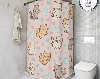 Cortina de ducha con gato kawaii – Decoración de baño rosa pastel