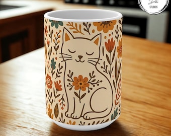 Boho Floral Cat Mug 15oz: Whimsical Ceramic Coffee Cup